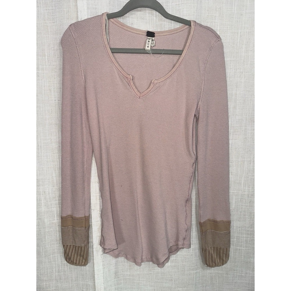 FREE PEOPLE Kyoto Patchwork Crochet Cuff Long Sleeve Thermal‎ Blush Pink S
